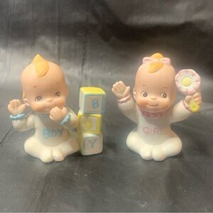 Boy and Girl Figurine Set Blocks and Flower Pink Blue White Vintage Collectible